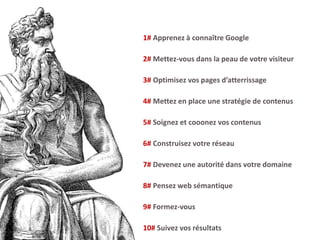 1# Apprenez à connaître Google
2# Mettez-vous dans la peau de votre visiteur
3# Optimisez vos pages d’atterrissage
4# Mettez en place une stratégie de contenus
5# Soignez et cooonez vos contenus
6# Construisez votre réseau
7# Devenez une autorité dans votre domaine
8# Pensez web sémantique
9# Formez-vous
10# Suivez vos résultats
 