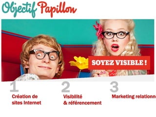 Création de
sites Internet
Visibilité
& référencement
Marketing relationne
1 2 3
 