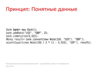 Принцип: Понятные данные




Экстремальное программирование - разработка через тестирование
Кент Бек
 