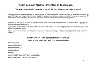 Team Decision Making – Inventory of Techniques




                                                                                              ! "#$% &#




'                                                                                         (             )*
       ) +


                                                           ! " #         $    % #   & #
                                 '(            )       !   * )     + (   ((         , -
) , -%   .# ./ .
) * 0 ' 1% &   2 & / 3#
)4 0      %&   2 & / 3#
) 5 ' 6#&' 7    7
) 8 # 9 :# &
) ; '/ <%&      2 & / 3# =   <%/          . -/ . . %
)   '/ <%&      2 & / 3# =   <        . -/ . . %

                                                                                                    1
 