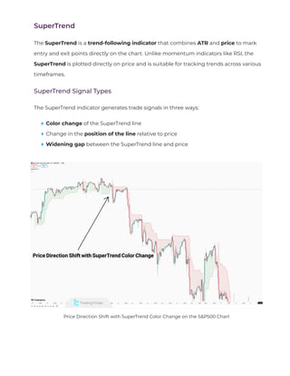 SuperTrend
The SuperTrend is a trend-following indicator that combines ATR and price to mark
entry and exit points directly on the chart. Unlike momentum indicators like RSI, the
SuperTrend is plotted directly on price and is suitable for tracking trends across various
timeframes.
SuperTrend Signal Types
The SuperTrend indicator generates trade signals in three ways:
Color change of the SuperTrend line
Change in the position of the line relative to price
Widening gap between the SuperTrend line and price
Price Direction Shift with SuperTrend Color Change on the S&P500 Chart
 