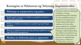 Katangian at Nilalaman ng Tekstong Argumentatibo
Mahalaga at napapanahon ang paksa
Maikli ngunit malaman at malinaw na pagtukoy sa tesis sa
unang talata ng teksto
Malinaw at lohikal na transisyon sa pagitan ng mga bahagi
ng teksto
Maayos na pagkakasunod-sunod ng talatang naglalaman ng
mga ebidensiya ng argumento
Matibay na ebidensiya para sa argumento
Ang bawat talata ay kailangang
tumalakay sa iisang
pangkalahatang ideya lamang.
Ito ang magbibigay-linaw at
direksiyon sa buong teksto.
Tiyakin ding maikli ngunit
malaman ng bawat talata
upang maging mas madaling
maunawaan ng mambabasa.
Kailangan ding isaalang-alang
ang lohikal na koneksiyon ng
bawat talata sa kabuuang tesis
ng teksto at maipaliwanag
kung paano at bakit nito
sinusuportahan ang tesis.
 
