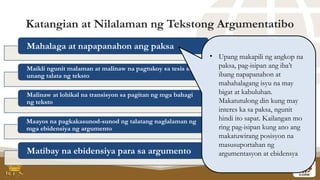 Katangian at Nilalaman ng Tekstong Argumentatibo
Mahalaga at napapanahon ang paksa
Maikli ngunit malaman at malinaw na pagtukoy sa tesis sa
unang talata ng teksto
Malinaw at lohikal na transisyon sa pagitan ng mga bahagi
ng teksto
Maayos na pagkakasunod-sunod ng talatang naglalaman ng
mga ebidensiya ng argumento
Matibay na ebidensiya para sa argumento
• Upang makapili ng angkop na
paksa, pag-isipan ang iba’t
ibang napapanahon at
mahahalagang isyu na may
bigat at kabuluhan.
Makatutulong din kung may
interes ka sa paksa, ngunit
hindi ito sapat. Kailangan mo
ring pag-isipan kung ano ang
makatuwirang posisyon na
masusuportahan ng
argumentasyon at ebidensya
 