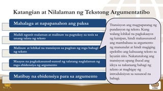 Katangian at Nilalaman ng Tekstong Argumentatibo
Mahalaga at napapanahon ang paksa
Maikli ngunit malaman at malinaw na pagtukoy sa tesis sa
unang talata ng teksto
Malinaw at lohikal na transisyon sa pagitan ng mga bahagi
ng teksto
Maayos na pagkakasunod-sunod ng talatang naglalaman ng
mga ebidensiya ng argumento
Matibay na ebidensiya para sa argumento
Transisyon ang magpapatatag ng
pundasyon ng teksto. Kung
walang lohikal na pagkakaayos
ng kaisipan, hindi makasusunod
ang mambabasa sa argumento
ng manunulat at hindi magiging
epektibo ang kabuuang teksto sa
layunin nito. Nakatutulong ang
transisyon upang ibuod ang
ideya sa nakaraang bahagi ng
teksto at magbigay ng
introduksiyon sa susunod na
bahagi.
 