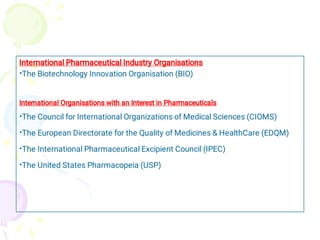 •
•
•
•
•
International Pharmaceutical Industry Organisations
The Biotechnology Innovation Organisation (BIO)
International Organisations with an Interest in Pharmaceuticals
The Council for International Organizations of Medical Sciences (CIOMS)
The European Directorate for the Quality of Medicines & HealthCare (EDQM)
The International Pharmaceutical Excipient Council (IPEC)
The United States Pharmacopeia (USP)
 