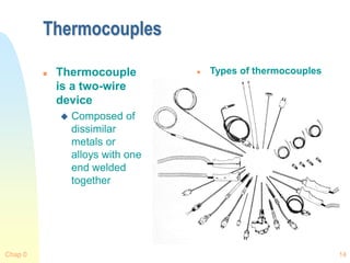 Chap 0 14
Thermocouples
 Thermocouple
is a two-wire
device
 Composed of
dissimilar
metals or
alloys with one
end welded
together
 Types of thermocouples
 