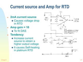 Chap 0 27
Current source and Amp for RTD
 2mA current source
 Causes voltage drop
in RTD
 Amp gain = 10
 To fit DAS
 Tendency
 Increase current
source to obtain a
higher output voltage
 It causes Self-heating
in platinum RTD
 