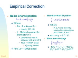 Chap 0 30
Empirical Correction
 Basic Characteristics
 Where
 Ro : R at known To
• Usually 298.15K
  : Material constant for
thermistor in K
• Determined from R
obtained at 0 and 50C
• 1500 ~ 6000K range
– Typically, 4000K
 Few  ~ 10M range
 Steinhart-Hart Equation
 Where
 A, B, C are found by
solving three equations
with known R and T
 Accuracy < 0.01C
 More narrow range
 -40C < T1, T2, T3 <150C,
|T2-T1|<50C, |T3-T2|<50C
0
0
1 1
exp[ ( )]
T
R R
T T

  3
1
ln (ln )
A B R C R
T
  
1
ln
B
C
T R A
 

 