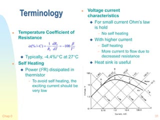 Chap 0 31
Terminology
 Temperature Coefficient of
Resistance
 Typically, -4.4%/C at 27C
 Self Heating
 Power (I2R) dissipated in
thermistor
 To avoid self heating, the
exciting current should be
very low
 Voltage current
characteristics
 For small current Ohm’s law
is hold
 No self heating
 With higher current
 Self heating
 More current to flow due to
decreased resistance
 Heat sink is useful
2
1
(%/ ) 100
T
T
dR
C
R dT T

   
 