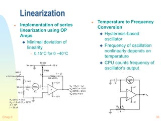 Chap 0 36
Linearization
 Implementation of series
linearization using OP
Amps
 Minimal deviation of
linearity
 0.15C for 0 ~40C
 Temperature to Frequency
Conversion
 Hysteresis-based
oscillator
 Frequency of oscillation
nonlinearly depends on
temperature
 CPU counts frequency of
oscillator's output
 