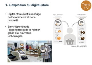 1. L’explosion du digital-store
• Digital-store c’est le mariage
du E-commerce et de la
proximité
• Enrichissement de
l’expérience et de la relation
grâce aux nouvelles
technologies
Source : JDN du 03/12/14
 