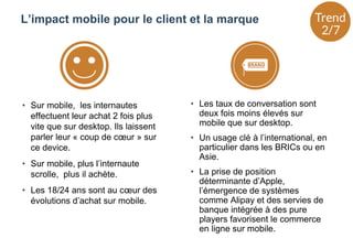 • Sur mobile, les internautes
effectuent leur achat 2 fois plus
vite que sur desktop. Ils laissent
parler leur « coup de cœur » sur
ce device.
• Sur mobile, plus l’internaute
scrolle, plus il achète.
• Les 18/24 ans sont au cœur des
évolutions d’achat sur mobile.
• Les taux de conversion sont
deux fois moins élevés sur
mobile que sur desktop.
• Un usage clé à l’international, en
particulier dans les BRICs ou en
Asie.
• La prise de position
déterminante d’Apple,
l’émergence de systèmes
comme Alipay et des servies de
banque intégrée à des pure
players favorisent le commerce
en ligne sur mobile.
L’impact mobile pour le client et la marque
 