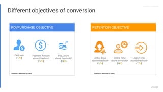 Proprietary + Conﬁdential
Payment Amount
above threshold*
(Y/N)
Paid user
(Y/N)
Pay_Count
above threshold*
(Y/N)
Active Days
above threshold*
(Y/N)
Login Times
above threshold*
(Y/N)
Online Time
above threshold*
(Y/N)
*threshold is determined by clients*threshold is determined by clients
ROI/PURCHASE OBJECTIVE RETENTION OBJECTIVE
Different objectives of conversion
 