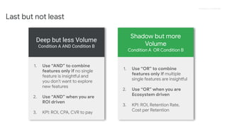 Proprietary + Conﬁdential
Last but not least
Deep but less Volume
Condition A AND Condition B
1. Use “AND” to combine
features only if no single
feature is insightful and
you don’t want to explore
new features
2. Use “AND” when you are
ROI driven
3. KPI: ROI, CPA, CVR to pay
Shadow but more
Volume
Condition A OR Condition B
1. Use “OR” to combine
features only if multiple
single features are insightful
2. Use “OR” when you are
Ecosystem driven
3. KPI: ROI, Retention Rate,
Cost per Retention
 