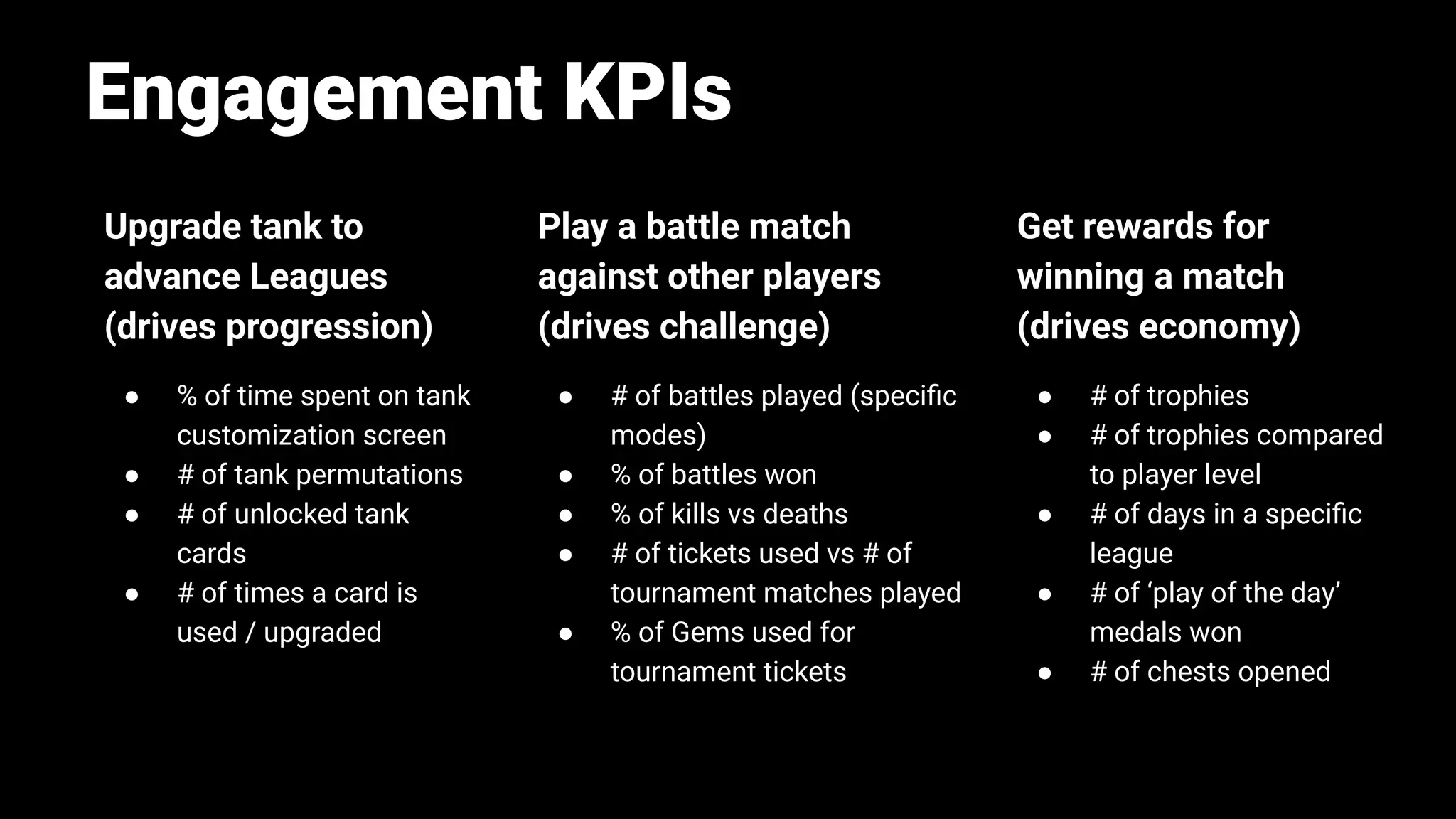 Engagement KPIs
Upgrade tank to
advance Leagues
(drives progression)
● % of time spent on tank
customization screen
● # of tank permutations
● # of unlocked tank
cards
● # of times a card is
used / upgraded
Play a battle match
against other players
(drives challenge)
● # of battles played (speciﬁc
modes)
● % of battles won
● % of kills vs deaths
● # of tickets used vs # of
tournament matches played
● % of Gems used for
tournament tickets
Get rewards for
winning a match
(drives economy)
● # of trophies
● # of trophies compared
to player level
● # of days in a speciﬁc
league
● # of ‘play of the day’
medals won
● # of chests opened
 