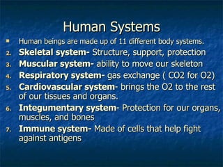 Human Systems Human beings are made up of 11 different body systems. Skeletal system-  Structure, support, protection Muscular system-  ability to move our skeleton Respiratory system-  gas exchange ( CO2 for O2) Cardiovascular system - brings the O2 to the rest of our tissues and organs. Integumentary system - Protection for our organs, muscles, and bones Immune system-  Made of cells that help fight against antigens 