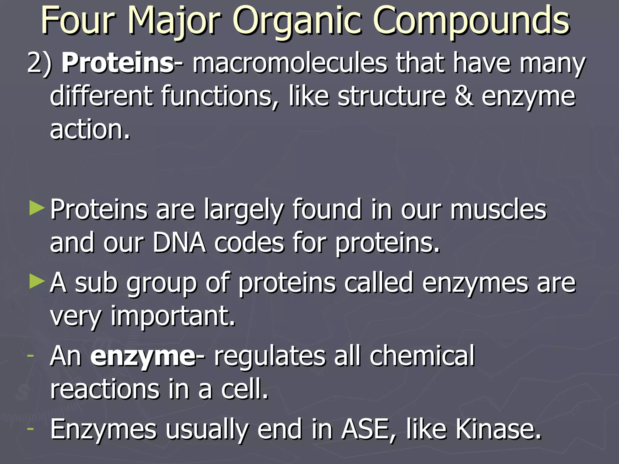 Four Major Organic Compounds 2)  Proteins - macromolecules that have many different functions, like structure & enzyme action. Proteins are largely found in our muscles and our DNA codes for proteins. A sub group of proteins called enzymes are very important. An  enzyme - regulates all chemical reactions in a cell. Enzymes usually end in ASE, like Kinase.  