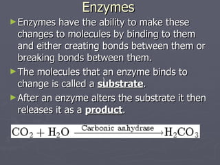 Enzymes Enzymes have the ability to make these changes to molecules by binding to them and either creating bonds between them or breaking bonds between them. The molecules that an enzyme binds to change is called a  substrate . After an enzyme alters the substrate it then releases it as a  product .                                                   ) 