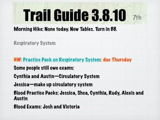 Trail Guide 3.8.10                                  7th
Morning Hike: None today. New Tables. Turn in BB.

Respiratory System


HW: Practice Pack on Respiratory System: due Thursday
Some people still owe exams:
Cynthia and Austin—Circulatory System
Jessica—make up circulatory system
Blood Practice Packs: Jessica, Shea, Cynthia, Rudy, Alexis and
Austin
Blood Exams: Josh and Victoria
 