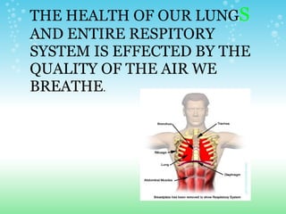 THE HEALTH OF OUR LUNG S  AND ENTIRE RESPITORY SYSTEM IS EFFECTED BY THE QUALITY OF THE AIR WE BREATHE . 