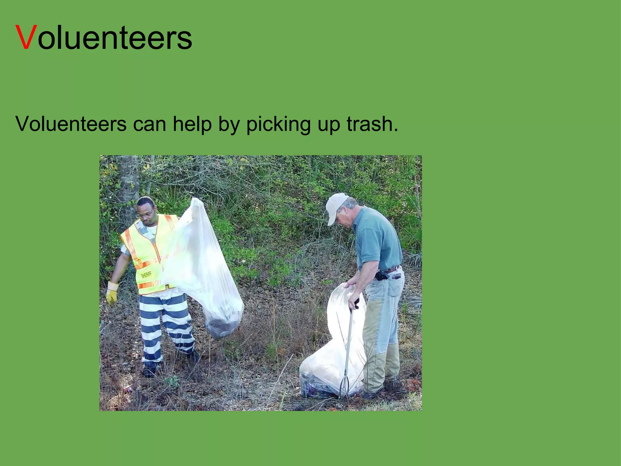 V oluenteers Voluenteers can help by picking up trash. 