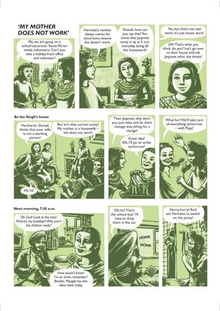 Ma, we are going on a
school excursion. Rosie Ma’am
needs volunteers. Can’t you
take a holiday from office
and volunteer?
‘MY MOTHER
DOES NOT WORK’
Harmeet’s mother
always comes for
excursions, beause
she doesn’t work.
Shonali, how can
you say that!You
know that Jaspreet
aunty is up at 5 a.m.
everyday doing all
the housework!
Yes, but that’s not real
work, it’s just house work!
Oh!That’s what you
think, do you? Let’s go over
to their house and ask
Jaspreet what she thinks!
Harsharan, Shonali
thinks that your wife
is not a working
person!
But isn’t that correct aunty?
My mother is a housewife –
she does not work!
Then Jaspreet, why don’t
you just relax and let them
manage everything for a
change?
Great idea!
OK, I’ll go on strike
tomorrow!
What fun!We’ll take care
of everything tomorrow
– with Papa!
Oh God! Look at the time!
Where’s my breakfast?Why aren’t
the children ready?
Ha, ha!
How would I know?
I’m on strike,remember?
Besides, Mangala has also
taken leave today.
Oh-ho!That’s
the school bus! I’ll
have to drop
them in the car.
Hurry, hurry! And
ask Harmeet to switch
on the pump!
At the Singh’s house
Next morning, 7:30 a.m.
HONK
HONK
 