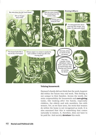 48 Social and Political Life
But,what about the kids’ lunch boxes?
Oh no! Forgot
about that!
I’ll give you some money. Just
buy something from the
canteen today...
Ma already gave us
money for that!
Evening,6.00 p.m.
I’m exhausted! How about
some tea? Oh,I forgot...your
strike...I’ll make some myself.
The house looks like it
was hit by a hurricane!
Did you expect it to remain in exactly the
same condition in which you left it this
morning, dear?
Harmeet, where
on earth are the
tea leaves?
Hee hee...
I wonder if they
still believe I don’t
work?...and now I have
to remind them that
Chachaji and Chachiji
are coming
for dinner.
DING
DING
Valuing housework
Harmeet’s family did not think that the work Jaspreet
did within the house was real work. This feeling is
not unique to their families. Across the world, the
main responsibility for housework and care-giving
tasks, like looking after the family, especially
children, the elderly and sick members, lies with
women. Yet, as we have seen, the work that women
do within the home is not recognised as work. It is
also assumed that this is something that comes
naturally to women. It, therefore, does not have to
be paid for. And society devalues this work.
 