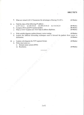 b.
6a.
b.
c.
ta.
8a.
b.
What are virtual LAN's? Enumerate the advantages of having VLAN's.
Find the class of the following IP address :
1) 237.t4.2.r 11) t29.t4.6.8 iii) 208.35.54.12 iv) tr4.34.2.8
Compare IPV4 and IPV6 packet headers.
What is NAT? Explain now NAT help in address depletion.
With suitable diagram explain distance vector routing.
Explain the different forwarding techniques used to forward the packets from
destination.
Explain with diagram the TCP segment format.
Write short notes on :
i) Domain name system (DNS)
ii) Resolution.
x*{<{<{<
lOEC/TE71
(10 Marks)
(04 Marks)
(O6 Marks)
(10 Marks)
(10 Marks)
source to
(10 Marks)
(10 Marks)
(10 Marks)
2 of2
 