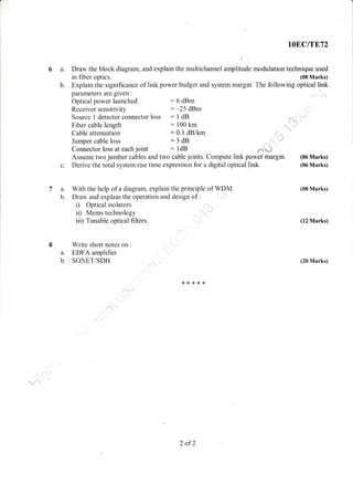 6a.
b.
,t
Draw the block diagram,and explain the multichannel amplitude
in fiber optics.
Explain the significance of link power budget and system margin.
parameters are given :
Optical power launehed :6 dBm
Receiver sensitivity : -25 dBm
. Source 1 detector connector loss : 1 dB
Fiber cable length : 100 km
Cable attenuation :0.1 dB/km
Jumper cable loss : 3 dB
Connector loss at each joint : ldB
Assume two jurnber cables and two cable joints.
c. Derive the total system rise time expression for a
IOE,CITET2
modulation technique used
(08 Marks)
The following optical link
.v
t&
.f*u
&^'-d
l "
flV
C ompute link p gwbr".firargin.
digital optical link.
7 a. With the help of a diagram, explain the principle of WDM.
b. Draw and explain the operation and design of : ".;
i) Optical isolators
ii) Mems technology
iii) Tunable optical filters.
Write short notes on :
a. EDFA amplifier
b. SONET/SDH.
(06 Marks)
(06 Marks)
(08 Marks)
(12 Marks)
(20 Marks)
*r<*r(r<
],,
2 of2
 