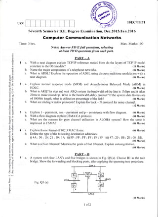 ';i'r
);
/^!,
, '/7USN
Time: 3 hrs.
Note: Answer FIVE full questions, selecting
at leust TWO questions from each parl
PART _ A
I a. With a neat diagram explain TCP/IP reference model. How do the
correlate to the OSI models?
b. Name the major components of a telephone networks.
c. What is ADSL? Explain the operation of ADSL using discrete multitone
neat diagram.
lOEC/TE71
Max. Marks:100
layers of TCP/IP model
(10 Marks)
(04 Marks)
modulation with a
(06 Marks)
Seventh Semester B.E. Degree Examination, Dec.2015 I Jan.20l6
Gomputer Gommunication Networks
.i
o
!
a.
E
€a)
(.)
3v
-:>
7r)
at)i,
ibO
uo
rO
3s
6:
iio
c6O
o0i
-o>!
6-
2a
dx
fr.Y
atE
iT
> q-
^^o
o=
gU
Ei
U<
_N
()
z
c,
e
2 a. Explain nomal response mode (NRM) and Asynchronous Balanced Mode (ABM) in
HDLC. (04 Marks)
b. What is ARQ? In stop and wait ARQ system the bandwidth of the line is lMbps and it takes
20ms to make roundtrip. What is the bandwidth delay product? If the system data frames are
of 1000bit length, what is utilization percentage of the link? (04 Marks)
c.
3a.
b.
c.
c.
5a.
4a.
b.
What are sliding window protocols? Explain Go back - N protocol for noisy channel.
(12 Marks)
Explain 1 - persistent, non - persistent and p - persistence with flow diagram. (06 Marks)
With a flow diagram explain CSMA/CA protocol. (08 Marks)
What are the reasons for poor channel utilization in ALOHA system? How the same is
improved in CSMA? (06 Marks)
Explain frame format of 802.3 MAC frame. (06 Marks)
Define the type of the following destination addresses.
i)4,A.: 30 : 10 :21 : 10 : 1A ii)FF : FF : FF : FF : FF : FF 11i)47 : 20 : 1B : 2E : 08 :EE.
(06 Marks)
What is a Fast Ethernet? Mention the goals of fast Ethernet. Explain autonegotiation.
(08 Marks)
PART _ B
A system with four LAN's and five bridges is shown in Fig. Q5(a). Choose 81 as the root
bridge. Show the forwarding and blocking ports, after applying the spanning tree procedure.
I
-:
t_
I
i
L*N +
Fig. Qs (a)
I of2
(10 Marks)
 