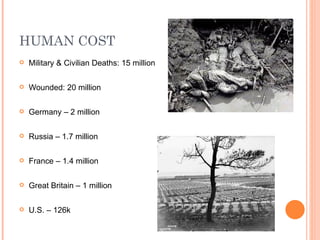 HUMAN COST
   Military & Civilian Deaths: 15 million

   Wounded: 20 million

   Germany – 2 million

   Russia – 1.7 million

   France – 1.4 million

   Great Britain – 1 million

   U.S. – 126k
 