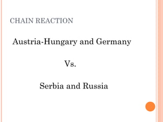 CHAIN REACTION


Austria-Hungary and Germany

            Vs.

      Serbia and Russia
 