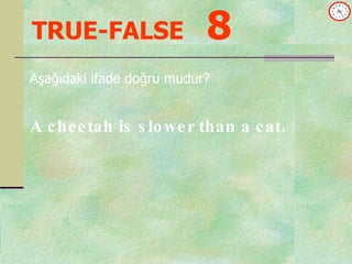 TRUE-FALSE   8 Aşağıdaki ifade doğru mudur? A cheetah is slower than a cat. 