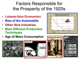 • Laissez-faire Economics
• Rise of the Automobile
• Other New Industries
• More Efficient Production
Techniques
• Age of Mass Consumption
Factors Responsible for
the Prosperity of the 1920s
 