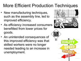 More Efficient Production Techniques
• New manufacturing techniques,
such as the assembly line, led to
improved efficiency.
• As efficiency increased consumers
benefitted from lower prices for
goods.
• An unintended consequences of
this improved efficiency was that
skilled workers were no longer
needed leading to an increase in
unemployment.
 