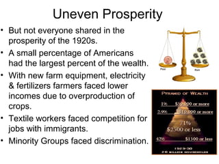 Uneven Prosperity
• But not everyone shared in the
prosperity of the 1920s.
• A small percentage of Americans
had the largest percent of the wealth.
• With new farm equipment, electricity
& fertilizers farmers faced lower
incomes due to overproduction of
crops.
• Textile workers faced competition for
jobs with immigrants.
• Minority Groups faced discrimination.
 