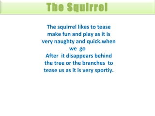 The Squirrel
The squirrel likes to tease
make fun and play as it is
very naughty and quick.when
we go
After it disappears behind
the tree or the branches to
tease us as it is very sportiy.

 