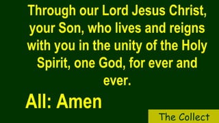 Through our Lord Jesus Christ,
your Son, who lives and reigns
with you in the unity of the Holy
Spirit, one God, for ever and
ever.
All: Amen
The Collect
 