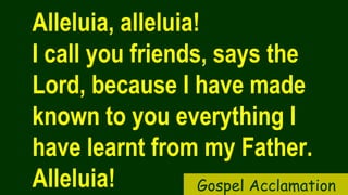 Alleluia, alleluia!
I call you friends, says the
Lord, because I have made
known to you everything I
have learnt from my Father.
Alleluia! Gospel Acclamation
 