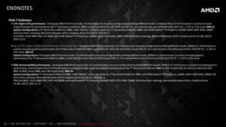 20 | AMD AM4 OEM 2016 | SEPTEMBER 1, 2016 | AMD CONFIDENTIAL - Under Embargo until 9/5/2016
ENDNOTES
Slide 7 Endnotes:
 17% Higher CPUperformance - TestingbyAMD Performance labs.PCmanufacturersmayvaryconfigurationsyieldingdifferentresults. Cinebench R11.5 1T Performance isusedtosimulate
single threadedCPUperformance;the 7th GenerationAMDA12-9800 scored1.21 while the A10-8750 scored1.03, fora benchmarkscore difference of 1.21/1.03 = 1.17X or 17% more.BRD-22
System Configurations:A7th GenerationAMDA12-9800: AMD “Myrtle”reference platform,7th GenerationAMDA12-9800 withAMD Radeon™ R7 Graphics,2x4096 DDR4-2400 RAM, 228GB
SSD Drive (Non-rotating),MicrosoftWindows10Pro,Graphics driver16.101.0.0 2016-04-11
A10-8750: ASUS A88X-PRO,A10-8750 withAMD Radeon™ R7 Graphics,2x4096 DDR3-2133 RAM, 228GB SSD Drive (Non-rotating),MicrosoftWindows10 Pro,Graphicsdriver15.301.1201.0
2015-12-22
 Up to 27% Higher Graphics Performance To Previous Gen - TestingbyAMDPerformance labs.PCmanufacturersmayvaryconfigurationsyieldingdifferentresults.3DMark11 Performance is
usedtosimulate graphicsperformance;the 7th GenerationAMDA12-9800 scored3521.25 while the A10-8750 scored2776.75, fora benchmarkscore difference of 3521.25/2776.75 = 1.27X or
27% more. BRD-23
System Configurations:TestingbyAMDPerformance labs.PCmanufacturersmayvaryconfigurationsyieldingdifferentresults.3DMark11 Performance isusedtosimulate graphics
performance;the 7th GenerationAMDA12-9800 scored3521.25 while the A10-8750 scored2776.75, for a benchmarkscore difference of 3521.25/2776.75 = 1.27X or 27% more.
 65W delivering95W performance – TestingbyAMD Performance labs.PCmanufacturersmayvaryconfigurationsyieldingdifferentresults.3DMark11 Performance isusedtosimulategraphics
performance,and CinebenchR11.51T Performance isusedtosimulate singlethreadedCPUperformance;the 7th GenerationAMDA12-9800 at 65W scored3521.25 and 1.21 while the A10-
8850 at 95W scored2880 and 1.06 respectively. BRD-24
System Configurations:7th GenerationAMDA12-9800: AMD “Myrtle” reference platform, 7th GenerationAMDA12-9800 withAMD Radeon™ R7Graphics,2x4096 DDR4-2400 RAM, 228GB SSD
Drive (Non-rotating),MicrosoftWindows10Pro, Graphicsdriver16.101.0.0 2016-04-11
PROA10-8850: ASUSA88X-PRO,PRO A10-8850B withAMD Radeon™ R7 Graphics,2x4096 DDR3-2133 RAM, 228GB SSD Drive (Non-rotating),MicrosoftWindows10 Pro,Graphicsdriver
15.301.1201.0 2015-12-22
 