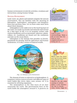 ENVIRONMENT 3
Let’s do
Fig. 1.2: Domains of the Environment
Hydrosphere
Lithosphere
Biosphere
Atmosphere
Let’s do
human environment reveals the activities, creations and
interactions among human beings.
NATURAL ENVIRONMENT
Land, water, air, plants and animals comprise the natural
environment. You are familiar with the meaning of
lithosphere, hydrosphere, atmosphere and biosphere
from your previous class. Let us learn some more facts
about these domains.
Lithosphere is the solid crust or the hard top layer of
the earth. It is made up of rocks and minerals and covered
by a thin layer of soil. It is an irregular surface with
various landforms such as mountains, plateaus, plains,
valleys, etc. Landforms are found over the continents
and also on the ocean floors.
Lithosphere is the domain that provides us forests,
grasslands for grazing, land for agriculture and human
settlements. It is also a source of mineral wealth.
Look at your
surroundings. Make a
list of uses that the
land in your
neighbourhood is
being put to.
Let’s do
Where does the water
you use in your home
and school come
from? Make a list of
different uses of
water in our daily life.
Have you seen anyone
wasting water? How?
Observe the sky while
coming to school.
Make a note whether
the day is cloudy,
rainy, sunny, foggy etc.
The domain of water is referred to as hydrosphere. It
comprises various sources of water and different types of
water bodies like rivers, lakes, seas, oceans, etc. It is
essential for all living organisms.
The atmosphere is the thin layer of air that
surrounds the earth. The gravitational force of the
earth holds the atmosphere around it. It protects us
Word Origin
Environment: French
word Environer/
Environner meaning
“neighbourhood”.
 