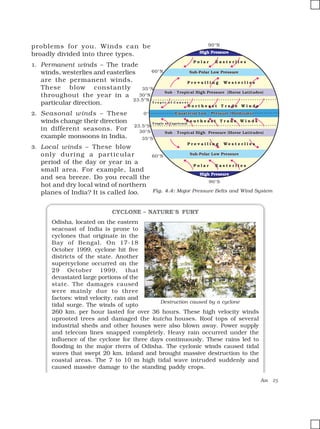 AIR 25
Sub-Polar Low Pressure
Sub - Tropical High Pressure (Horse Latitudes)
Sub - Tropical High Pressure (Horse Latitudes)
Sub-Polar Low Pressure
High Pr
High Pressur
essure
e
High Pr
High Pressur
essure
e
Equatorial Low Pressure (Doldrums)
P o l a r E a s t e r l i e s
P r e v a i l i n g W e s t e r l i e s
N o r t h e a s t T r a d e W i n d s
S o u t h e a s t T r a d e W i n d s
P o l a r E a s t e r l i e s
P r e v a i l i n g W e s t e r l i e s
60°S
23.5°N
30°N
35°N
0°
60°N
23.5°S
30°S
35°S
90°N
90°S
T r o p i c o f C a n c e r
Tropic of Capricorn
CYCLONE – NATURE’S FURY
Odisha, located on the eastern
seacoast of India is prone to
cyclones that originate in the
Bay of Bengal. On 17-18
October 1999, cyclone hit five
districts of the state. Another
supercyclone occurred on the
29 October 1999, that
devastated large portions of the
state. The damages caused
were mainly due to three
factors: wind velocity, rain and
tidal surge. The winds of upto
260 km. per hour lasted for over 36 hours. These high velocity winds
uprooted trees and damaged the kutcha houses. Roof tops of several
industrial sheds and other houses were also blown away. Power supply
and telecom lines snapped completely. Heavy rain occurred under the
influence of the cyclone for three days continuously. These rains led to
flooding in the major rivers of Odisha. The cyclonic winds caused tidal
waves that swept 20 km. inland and brought massive destruction to the
coastal areas. The 7 to 10 m high tidal wave intruded suddenly and
caused massive damage to the standing paddy crops.
Destruction caused by a cyclone
Fig. 4.4: Major Pressure Belts and Wind System
problems for you. Winds can be
broadly divided into three types.
1. Permanent winds – The trade
winds, westerlies and easterlies
are the permanent winds.
These blow constantly
throughout the year in a
particular direction.
2. Seasonal winds – These
winds change their direction
in different seasons. For
example monsoons in India.
3. Local winds – These blow
only during a particular
period of the day or year in a
small area. For example, land
and sea breeze. Do you recall the
hot and dry local wind of northern
planes of India? It is called loo.
 