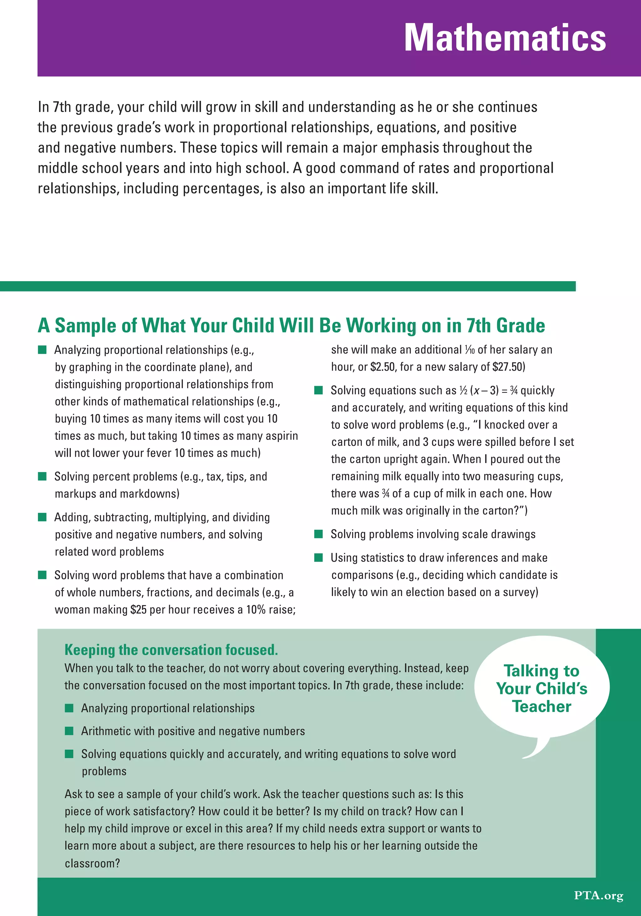 Mathematics
In 7th grade, your child will grow in skill and understanding as he or she continues
the previous grade’s work in proportional relationships, equations, and positive
and negative numbers. These topics will remain a major emphasis throughout the
middle school years and into high school. A good command of rates and proportional
relationships, including percentages, is also an important life skill.




A Sample of What Your Child Will Be Working on in 7th Grade
■	 	 nalyzing proportional relationships (e.g.,
   A                                                         she will make an additional 1⁄10 of her salary an
   by graphing in the coordinate plane), and                 hour, or $2.50, for a new salary of $27.50)
   distinguishing proportional relationships from
                                                         ■ Solving equations such as 1⁄2 (x – 3) = 3⁄4 quickly
   other kinds of mathematical relationships (e.g.,
                                                           and accurately, and writing equations of this kind
   buying 10 times as many items will cost you 10
                                                           to solve word problems (e.g., “I knocked over a
   times as much, but taking 10 times as many aspirin
                                                           carton of milk, and 3 cups were spilled before I set
   will not lower your fever 10 times as much)
                                                           the carton upright again. When I poured out the
■ Solving percent problems (e.g., tax, tips, and           remaining milk equally into two measuring cups,
  markups and markdowns)                                   there was 3⁄4 of a cup of milk in each one. How
                                                           much milk was originally in the carton?”)
■ Adding, subtracting, multiplying, and dividing
  positive and negative numbers, and solving             ■ Solving problems involving scale drawings
  related word problems
                                                         ■ Using statistics to draw inferences and make
■ Solving word problems that have a combination            comparisons (e.g., deciding which candidate is
  of whole numbers, fractions, and decimals (e.g., a       likely to win an election based on a survey)
  woman making $25 per hour receives a 10% raise;


     Keeping the conversation focused.
     When you talk to the teacher, do not worry about covering everything. Instead, keep          Talking to
     the conversation focused on the most important topics. In 7th grade, these include:         Your Child’s
     ■ Analyzing proportional relationships                                                        Teacher
     ■ Arithmetic with positive and negative numbers
     ■ Solving equations quickly and accurately, and writing equations to solve word
       problems
     Ask to see a sample of your child’s work. Ask the teacher questions such as: Is this
     piece of work satisfactory? How could it be better? Is my child on track? How can I
     help my child improve or excel in this area? If my child needs extra support or wants to
     learn more about a subject, are there resources to help his or her learning outside the
     classroom?

                                                                                                                  PTA.org
 