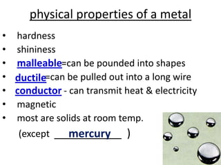 physical properties of a metal
• hardness
• shininess
• malleable=can be pounded into shapes
• ductile=can be pulled out into a long wire
• conductor - can transmit heat & electricity
• magnetic
• most are solids at room temp.
   (except ___________ )
             mercury
 
