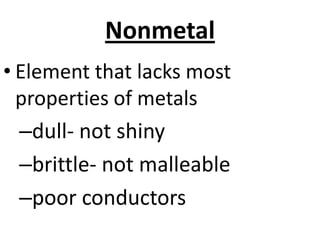Nonmetal
• Element that lacks most
  properties of metals
  –dull- not shiny
  –brittle- not malleable
  –poor conductors
 