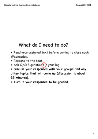 literature circle instructions.notebook            August 22, 2012




               What do I need to do?
       • Read your assigned text before coming to class each
       Wednesday.
       • Respond to the text.
       • Ask QAR 3 questions in your log.
       • Discuss your responses with your groups and any
       other topics that will come up (discussion is about
       25 minutes).
       • Turn in your responses to be graded.




                                                                     3
 