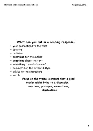literature circle instructions.notebook                   August 22, 2012




              What can you put in a reading response?
       •   your connections to the text
       •   opinions
       •   criticism
       •   questions for the author
       •   questions about the text
       •   something it reminds you of
       •   comments on the author's style
       •   advice to the characters
       •   vocab
                    Focus on the typical elements that a good
                       reader might bring to a discussion:
                         questions, passages, connections,
                                     illustrations




                                                                            4
 