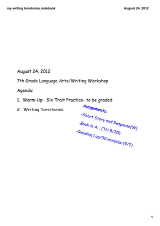 my writing terretories.notebook                                    August 24, 2012




      August 24, 2012

      7th Grade Language Arts/Writing Workshop

      Agenda:

      1. Warm-Up: Six Trait Practice- to be graded
                                     Assig
      2. Writing Territories                 nmen
                                                    ts:
                                    -Sho
                                        rt St
                                                ory a
                                   -Boo               n   d Re
                                       k in A                 spon
                                              ... (T               se(W
                                                     H 8/              )
                                  -Rea                     30)
                                      ding
                                             Log/
                                                 30 m
                                                          inute
                                                                 s (9/
                                                                      7)




                                                                                     1
 