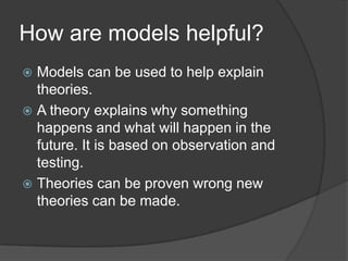 How are models helpful?Models can be used to help explain theories.A theory explains why something happens and what will happen in the future. It is based on observation and testing.Theories can be proven wrong new theories can be made.