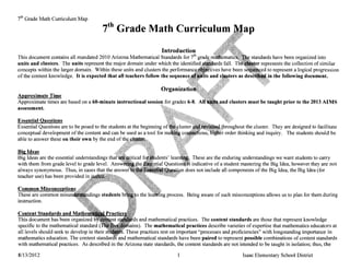 i h Grade Math Curriculum Map
                                       7th    Grade Math Curriculum 


                                                                     Introduction
This document contains all mandated 2010 Arizona Mathematical Standards for ih                                     standards have been organized into
units and clusters. The units represent the major domain under which the identified                                    represents the collection of similar
concepts within the larger domain. Within these units and clusters the _6.+~~                                             to represent a logical progression
of the content knowledge. It is expected that all teachers follow the                                                        the following document.

                                                                   Organiza
Approximate Time
Approximate times are based on a 60-minute instructional session for grades 6-8.
                                                                  'Ii">.'.
                                                                                                         clusters must be taught prior to the 2013 AIMS
assessment.

Essential Questions
Essential Questions are to be posed to the students at the beginning                                             the cluster. They are designed to facilitate
conceptual development of the content and can be used as a tool for                                    order thinking and inquiry. The students should be
able to answer these on their own by the end of

Big Ideas
Big Ideas are the essential understandings                                              These are the enduring understandings we want students to carry
with them from grade level to grade level.                                              indicative of a student mastering the Big Idea, however they are not
always synonymous. Thus, in cases that the                                           does not include all components of the Big Idea, the Big Idea (tor
teacher use) has been provided in .


                                                                             process. Being aware of such misconceptions allows us to plan for them during



This document has been organized b                   ds and mathematical practices. The content standards are those that represent knowledge
specific to the mathematical standard (            ains). The mathematical practices describe varieties of expertise that mathematics educators at
all levels should seek to develop in their s    . These practices rest on important "processes and proficiencies" with longstanding importance in
mathematics education. The content standar and mathematical standards have been paired to represent possible combinations of content standards
with mathematical practices. As described in the Arizona state standards, the content standards are not intended to be taught in isolation; thus, the

8/1312012                                                                                                      Isaac Elementary School District
 